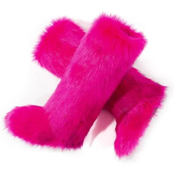 Women's Faux Fur Boots Knee-High Furry Snow Boots Fluffy Warm Winter Boots - Picture 5 of 7